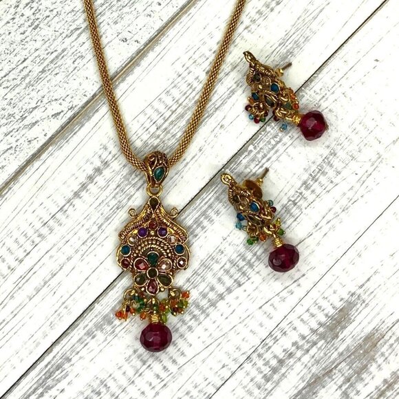 Necklace Earrings Set Gold Tone Ethnic India Boho Bollywood 16 Inch Length - Picture 4 of 4